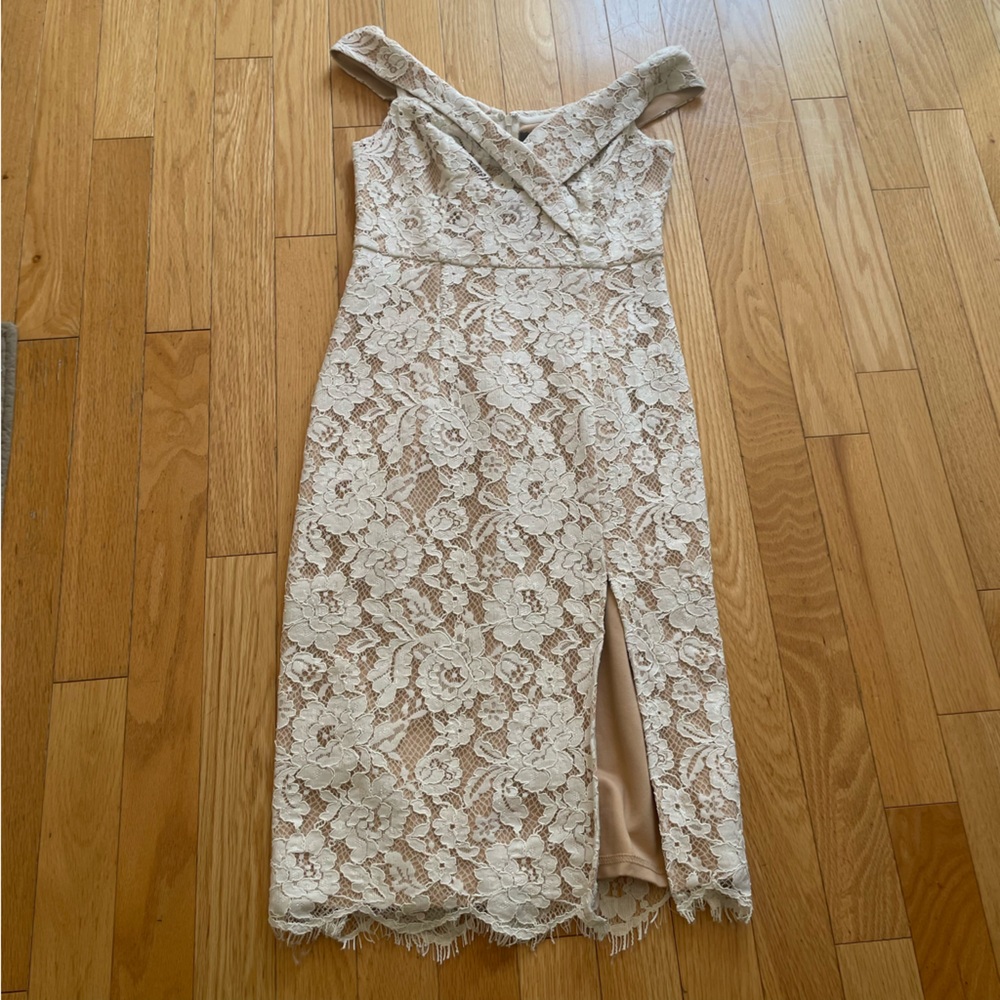 Lulu's Blush Cream Lace Off-Shoulder Midi Dress